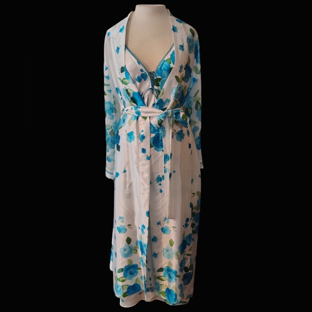 Vintage Crystal Dynasty Satin 80's Floral Nightgown and Robe Set Size Large